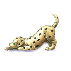 JJ / Jonette Spotted Puppy Dog Pin/ Brooch - Green Rhinestone Eye